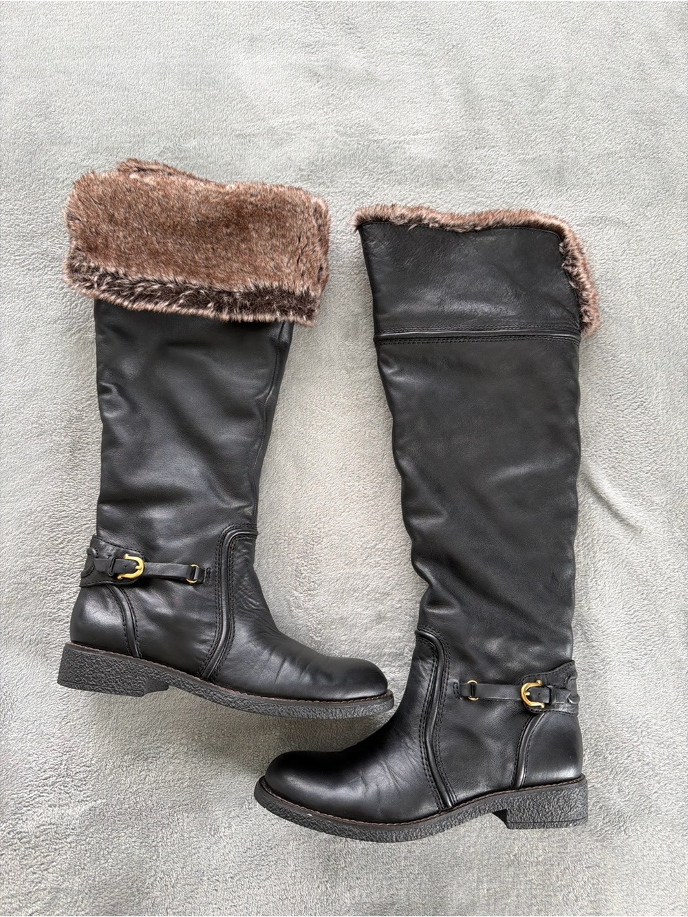 Sam Edelman Black Over-The-Knee Boots with Brown Faux-Fur Cuff